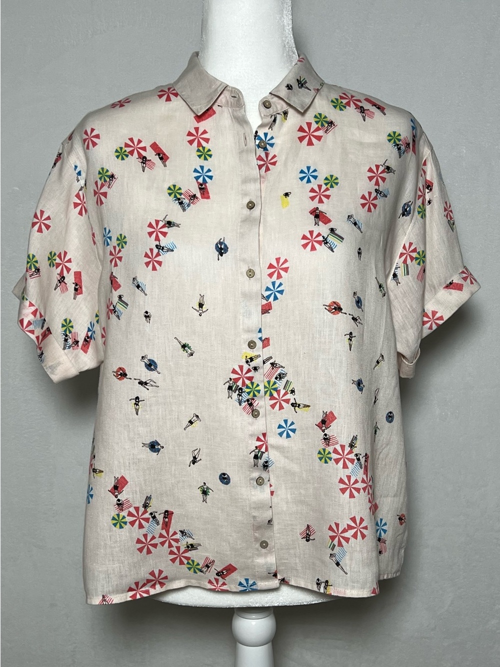 CYNTHIA ROWLEY 100% Linen  Peach Pink Beach Print Button Up Camp Shirt - size M